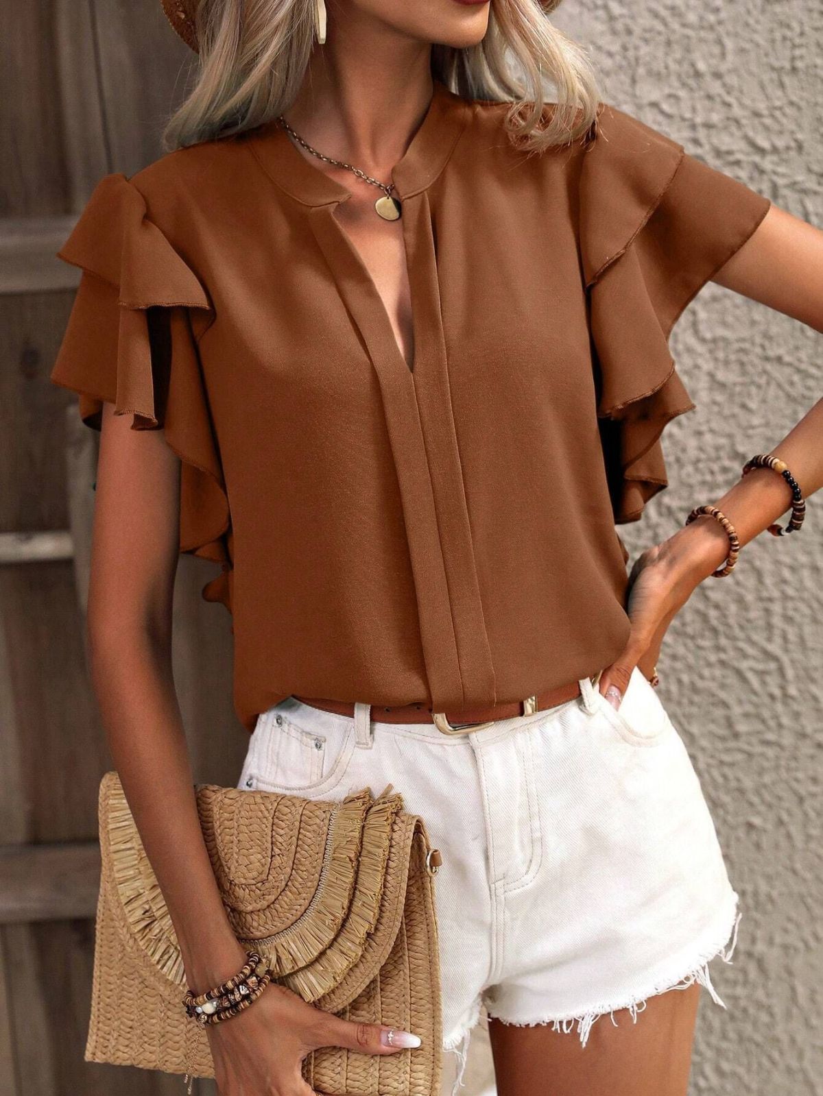 Women Casual Solid Color Summer V-Neck Double-Layer Lotus Leaf Sleeve Blouses