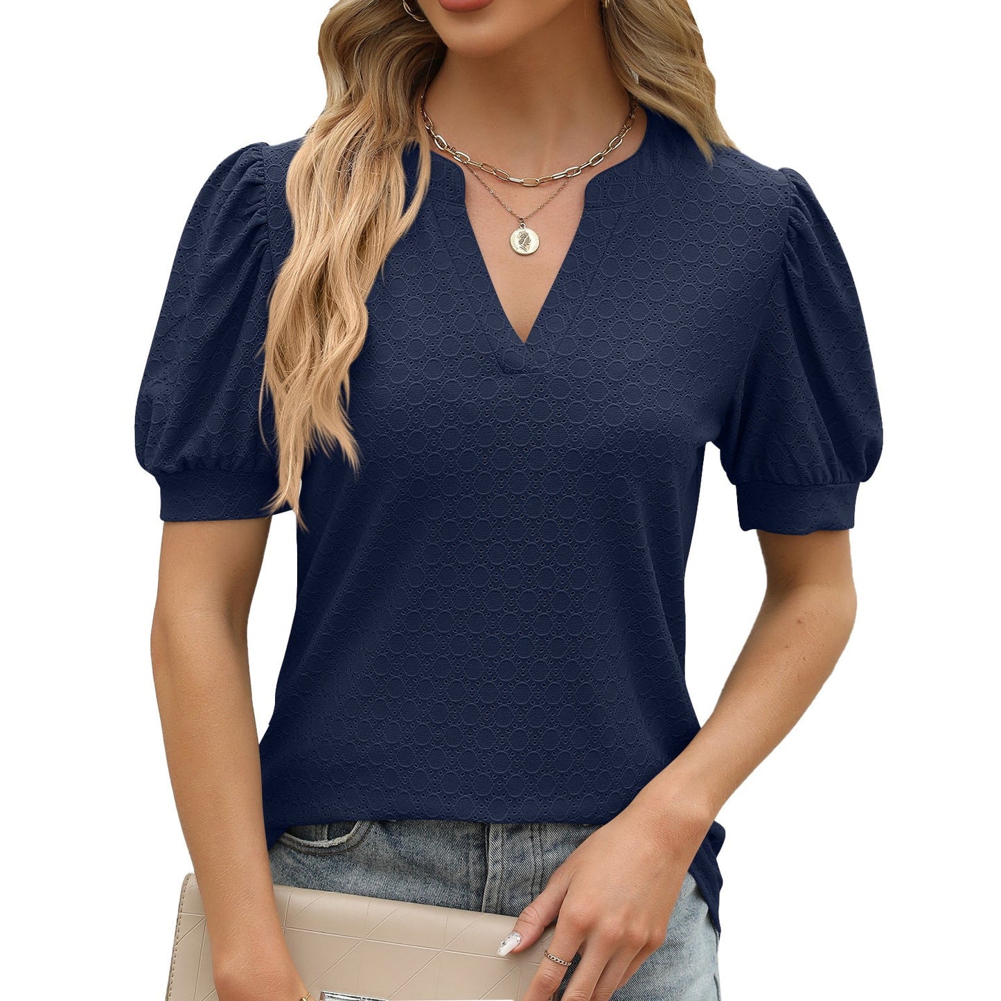 Casual Women Summer V-Neck Puff Sleeve Pleated Short-Sleeved Loose Blouse
