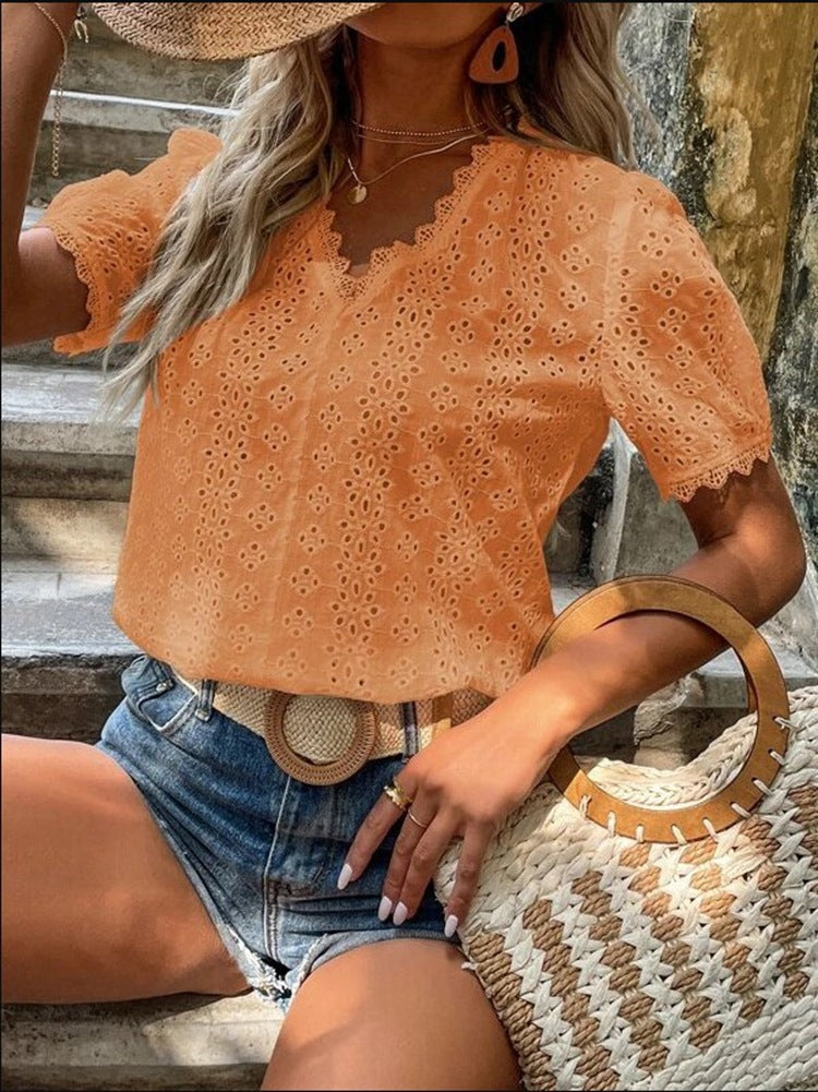 Women Casual Summer Solid Color Short Sleeve Hollow Blouse