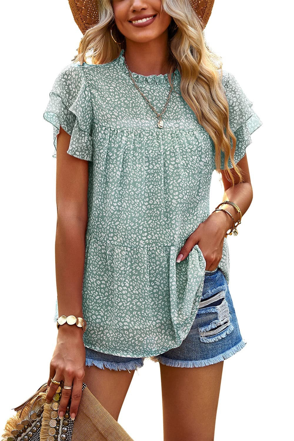 Women Casual Floral Print Ruffled Short Sleeve Round Neck Blouse