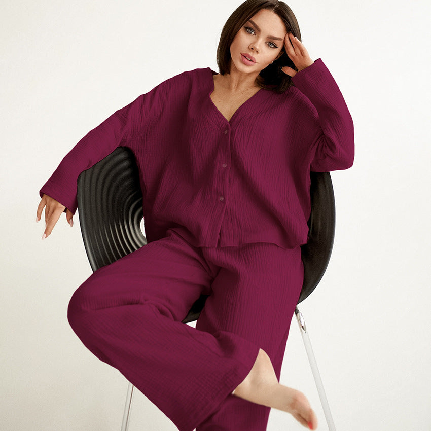 Women Fashion Casual Loose Solid Color Cotton Blouse Top Pants Home Pajamas Two-Piece Set
