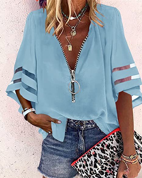 Casual V Neck Women Half Zipper Flare Sleeve Blouse
