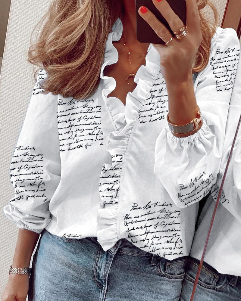 Women Casual V Neck Lantern Sleeve Ruffled Blouse