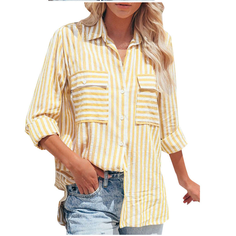 Women Casual Cotton Stripe Single-Breasted Long-Sleeved Shirt Blouse