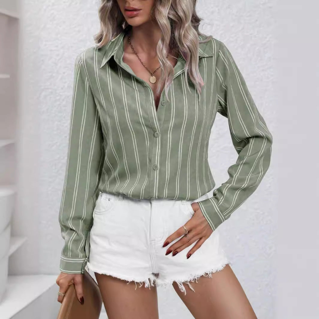 Women Fashion Casual Loose Stripe Lapel Long Sleeve Single Breasted Blouse
