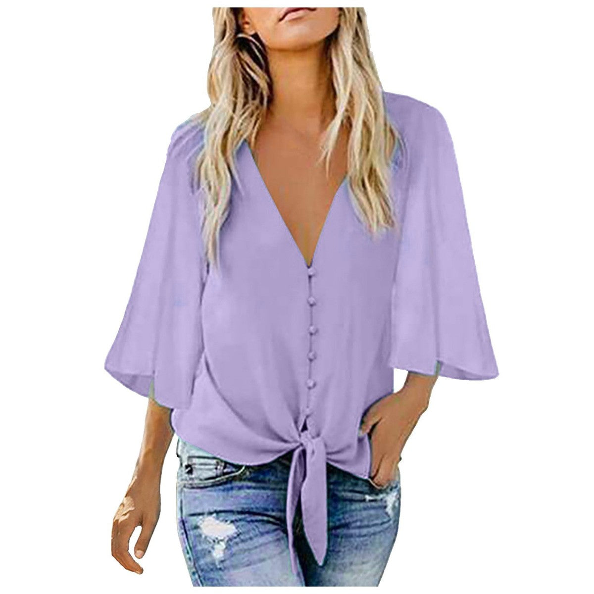 Women Fashion Casual Solid Color V-Neck Button Lace-Up Blouse