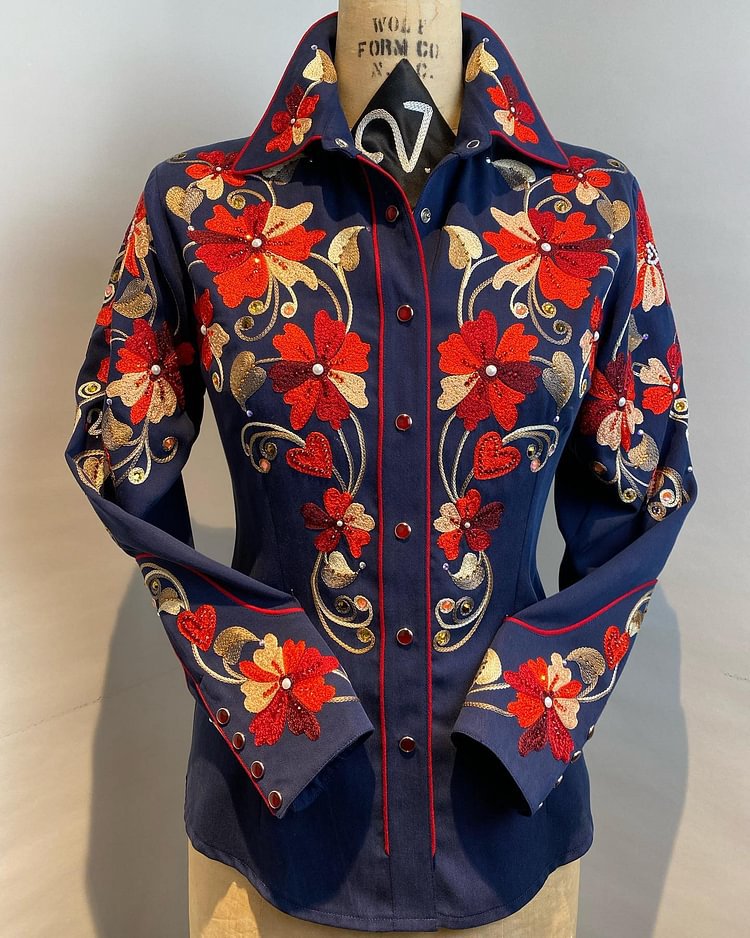 Women Casual Western Geometric Pattern Printed Lapel Long-Sleeve Single Breasted Blouse