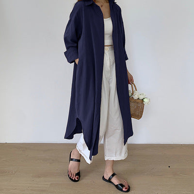 Women Casual Cozy Style Simple Ultra-Long Shirt Solid Color Lapel Cardigan Long Blouse