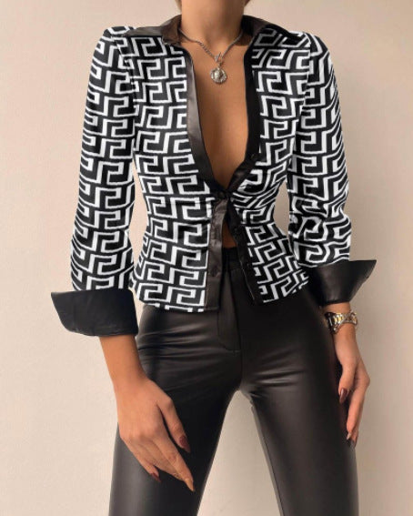 Women Fashion Casual Lapel V-Neck Long Sleeve Stitching Blouse