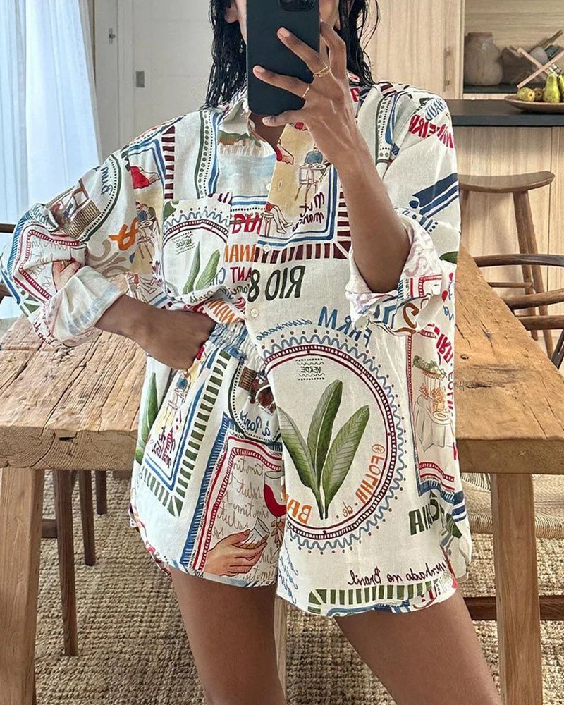 Women's Trendy Boho Long Sleeve Blouse and Short Two-piece Set | Great for Casual Days
