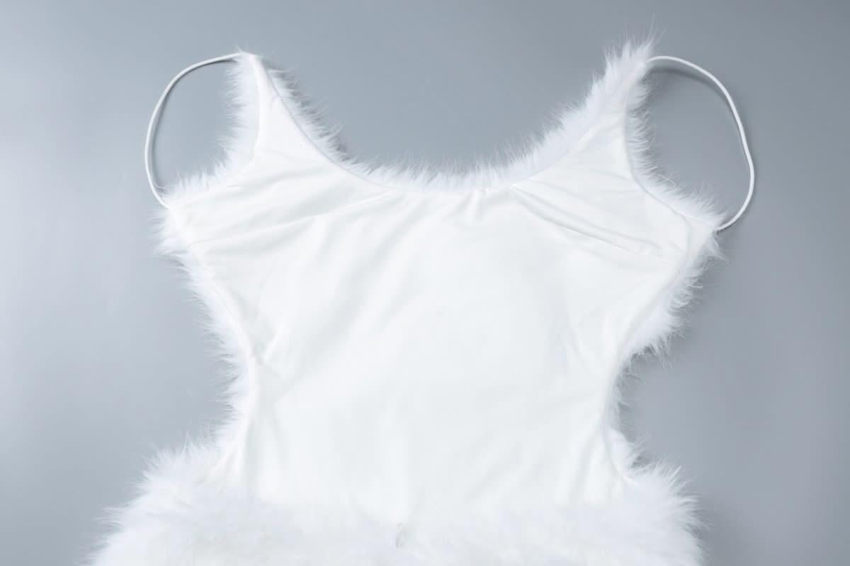 U neck fluffy zip-up backless cami mini dress | Festival Outfits Women