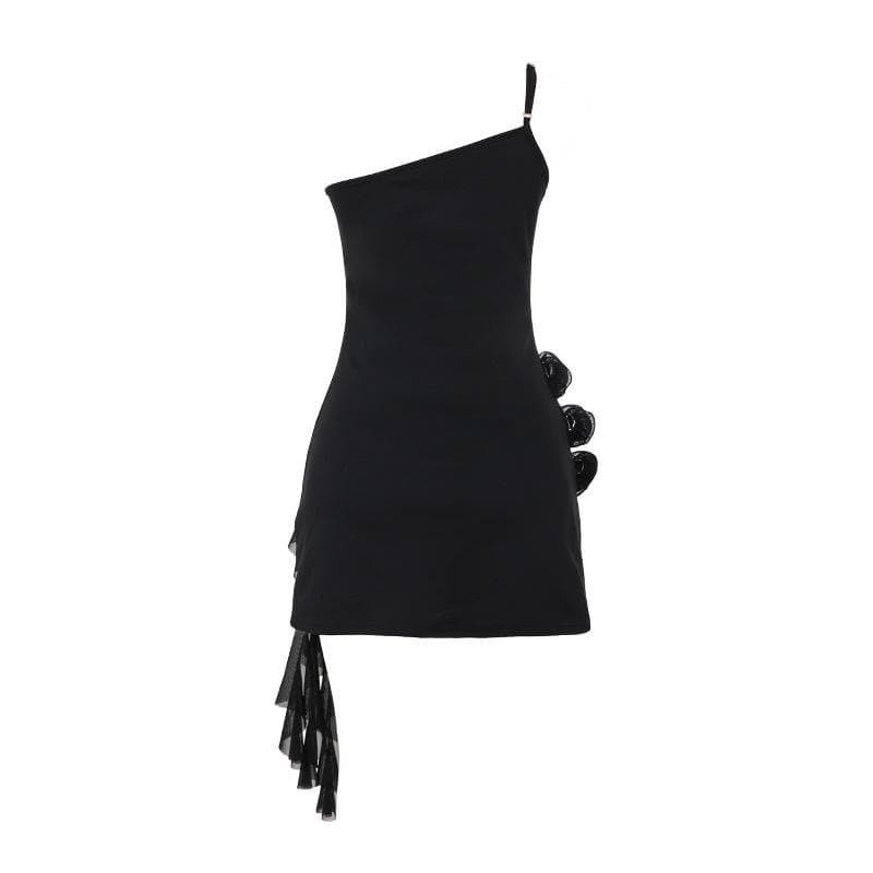 One shoulder ruffle flower applique mini dress | Festival Outfits Women