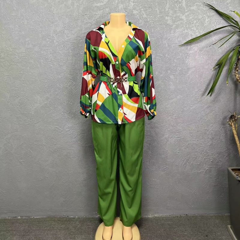 Women Fashion Casual Printed Long-Sleeved Lapel Blouse Belt Loose Pants Two-Piece Set