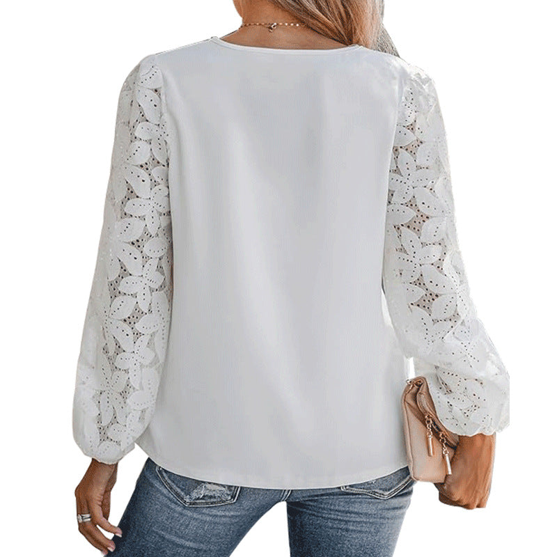 Women Fashion Casual Solid Color Hollow Long Sleeve Blouse