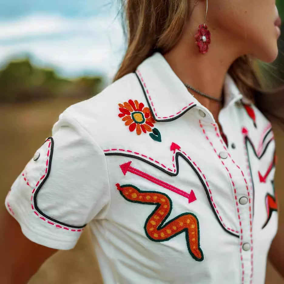 Women Casual Western Printed Lapel Short-Sleeve Single Breasted Blouse