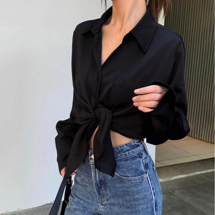 Women Fashion Casual Solid Color Satin Lapel Long-Sleeve Blouse