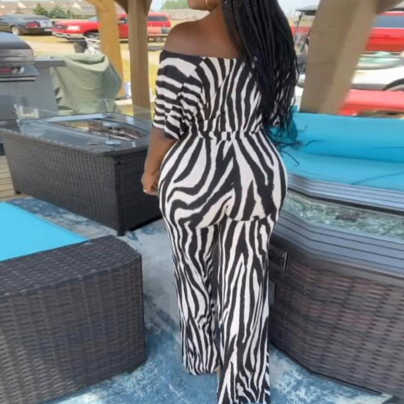 Women Casual Elegant Office Chic Zebra Short Sleeve Crop Blouse And Wide Leg Pants