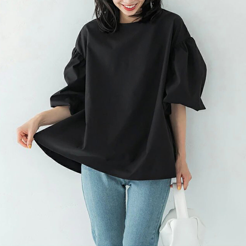 Women Casual Loose Puff Sleeve Round Neck Solid Color Office Chic Blouse