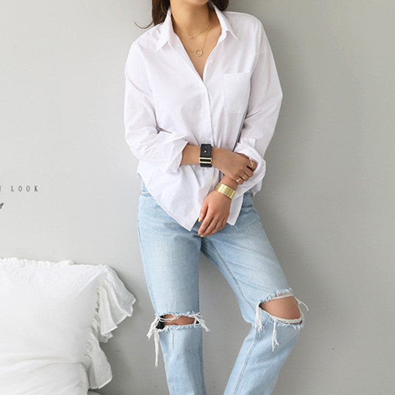 Women Casual Simple Solid Color Lapel Long-Sleeved Blouse