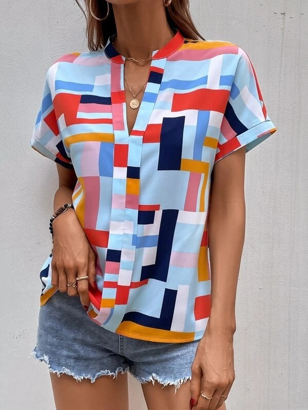 Women Fashion Plaid Print V-Neck Short-Sleeved Casual Blouses