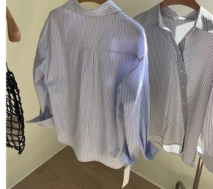 Women Fashion Casual Irregular Stripe Lapel Long-Sleeve Blouse