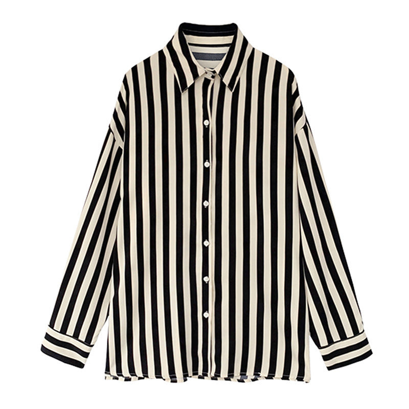 Women Casual Black White Stripe Print Long Sleeve Blouses