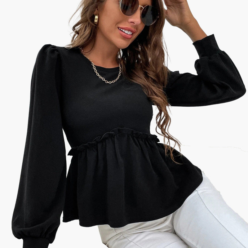 Women Sweet Edgy Loose Casual Long Puff Sleeves Ruffled Temperament Blouse