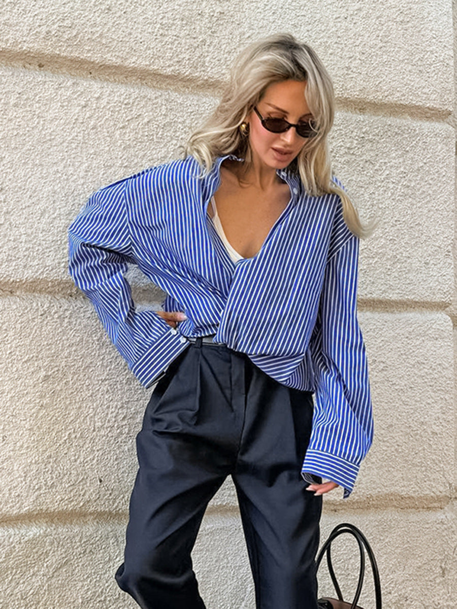Women Fashion Casual Blue Stripe Single Breasted Long-Sleeve Blouse
