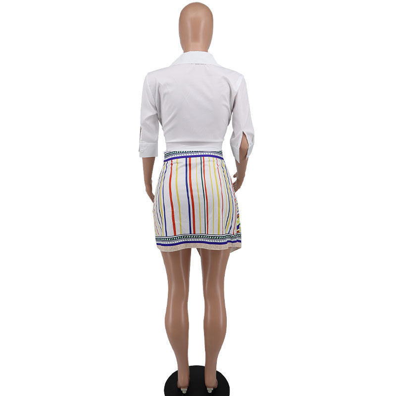 Women Fashion Casual Elegant Botknot Lapel Blouse And Irregular Hemline Skirt Set