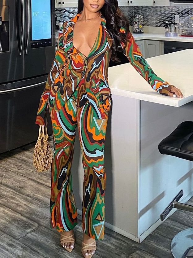 Women Loose Casual Deep V Neck Single Breasted Shirt Blouse And Sexy Printed Wide-Leg Pants Fashion Two-Piece Set