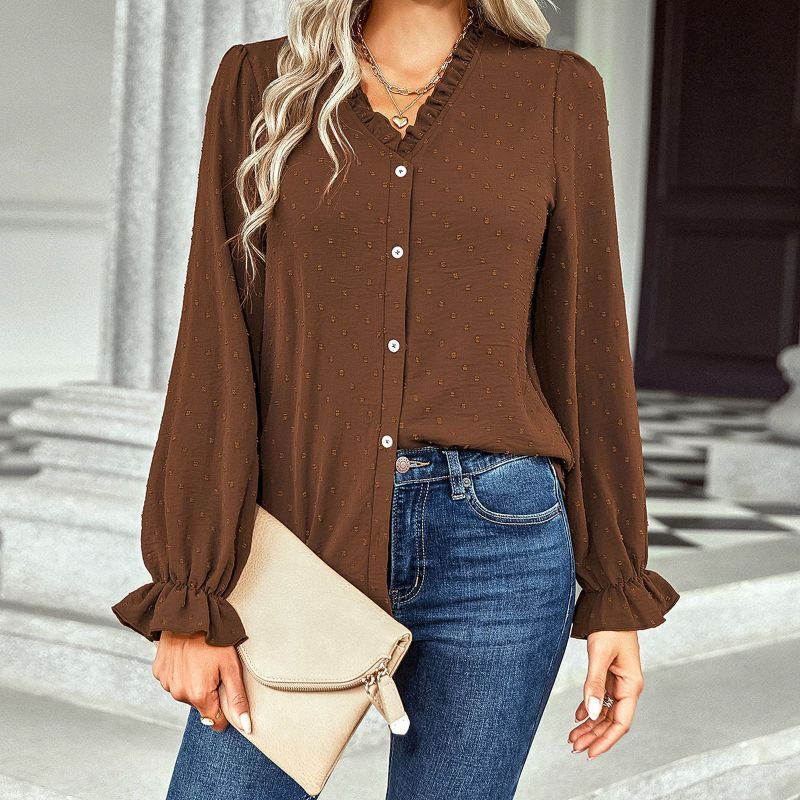 Women Elegant Solid Color V-Neck Fashion Casual Polka Dot Ruffled Blouse