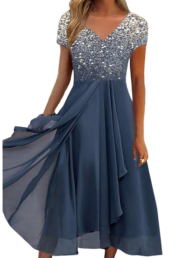 A Line Dress Chiffon Dress Midi Dress Navy Blue Short Sleeve Color Gradient Patchwork Spring Summer V Neck Stylish Elegant Party S M L XL XXL 3XL / Party Dress for Women