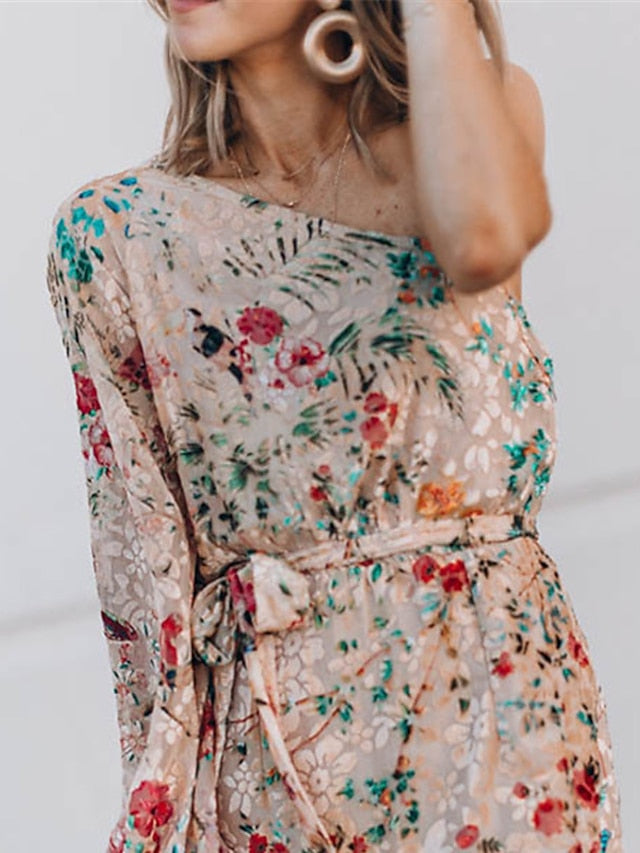 A Line Dress Midi Dress Beige Long Sleeve Floral Ruffle Winter Fall Autumn One Shoulder Vacation Winter Dress Fall Dress Spring Dress Loose Fit S M L XL for Women