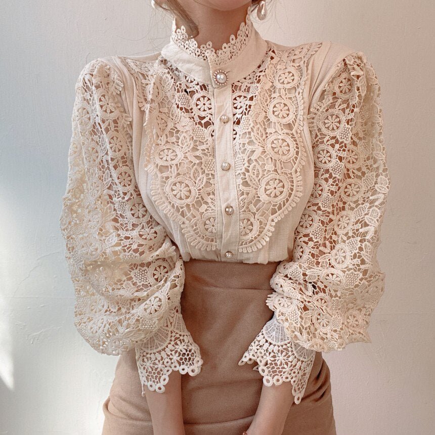 Women's Elegant Lace Puff Sleeve Blouse with Buttons | Ideal for Spring/Summer