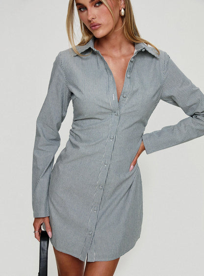 Publicity Long Sleeve Mini Dress Blue Pinstripe