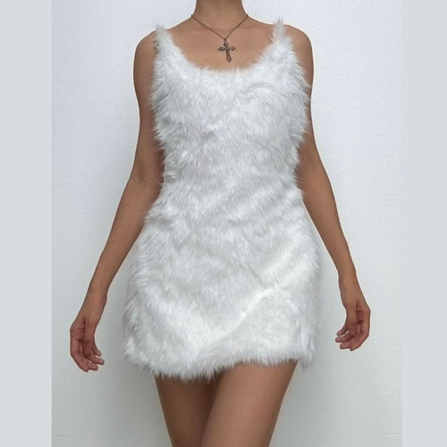 U neck fluffy zip-up backless cami mini dress  | Festival Outfits Women