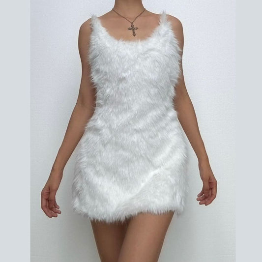 U neck fluffy zip-up backless cami mini dress  | Festival Outfits Women