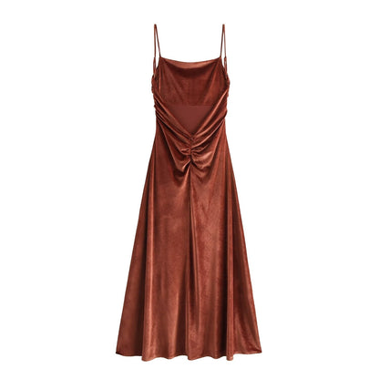 Fall Women Clothing Sling Pleated Midi Dress