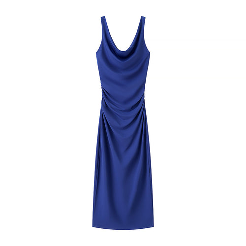 Spring Summer Women Clothing Fashionable Elegant Sexy Pleated Decorative Sleeveless Midi Dress