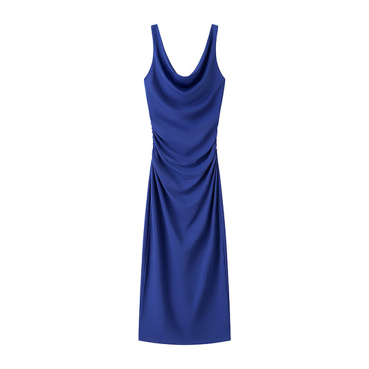 Spring Summer Women Clothing Fashionable Elegant Sexy Pleated Decorative Sleeveless Midi Dress