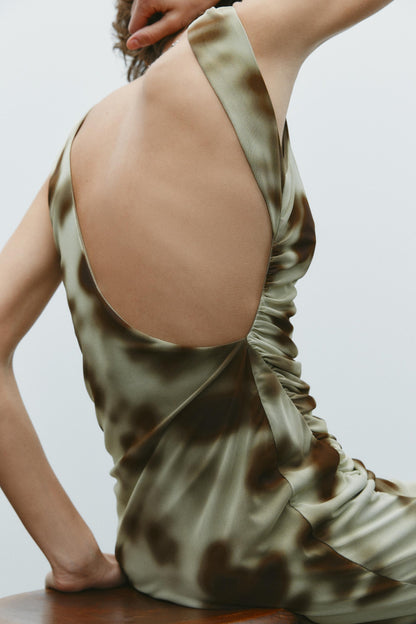 Women Pleated Silk Net Printing Midi Dress