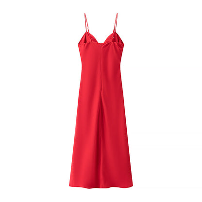 Homemade Women Clothing Classic Simple Silk Satin Texture Midi Dress