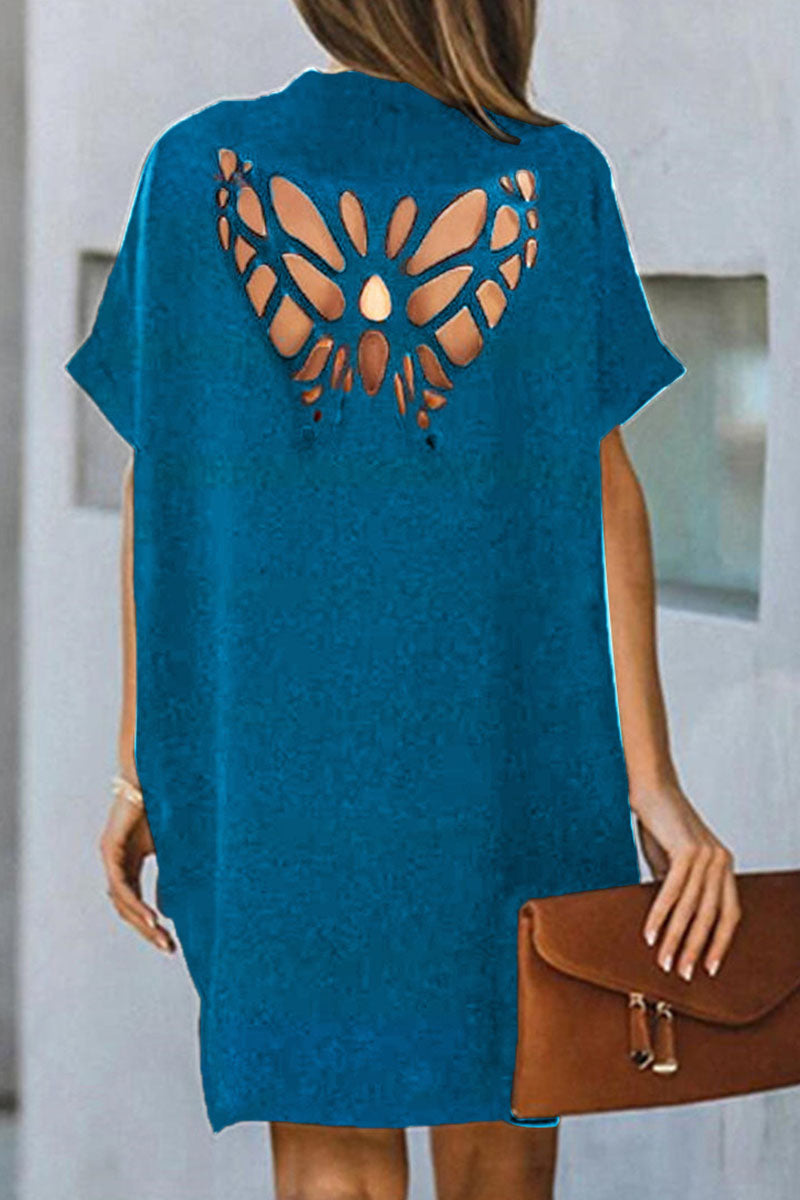 Fashion Solid Hollowed Out V Neck A Line Dresses(5 Colors)