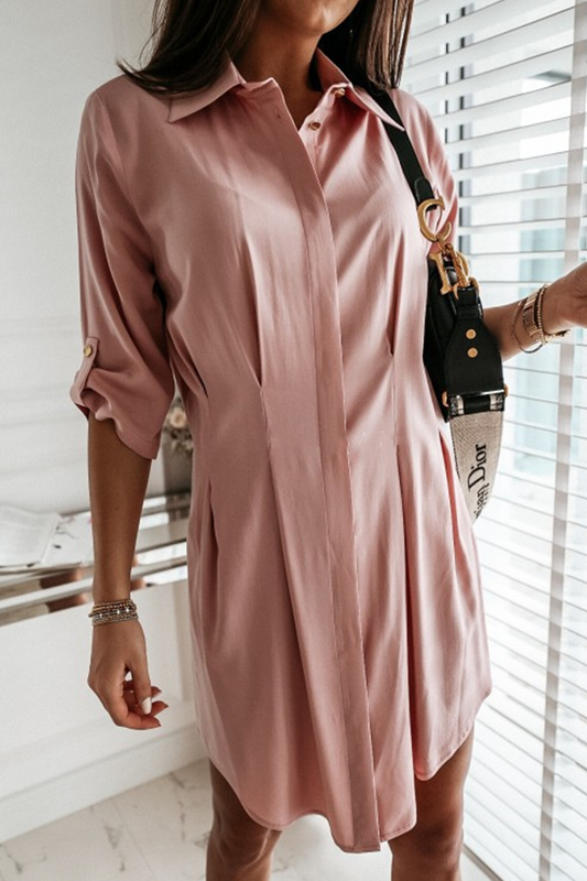 Fashion Casual Solid Buckle Fold Turndown Collar Shirt Dress Dresses(3 Colors)