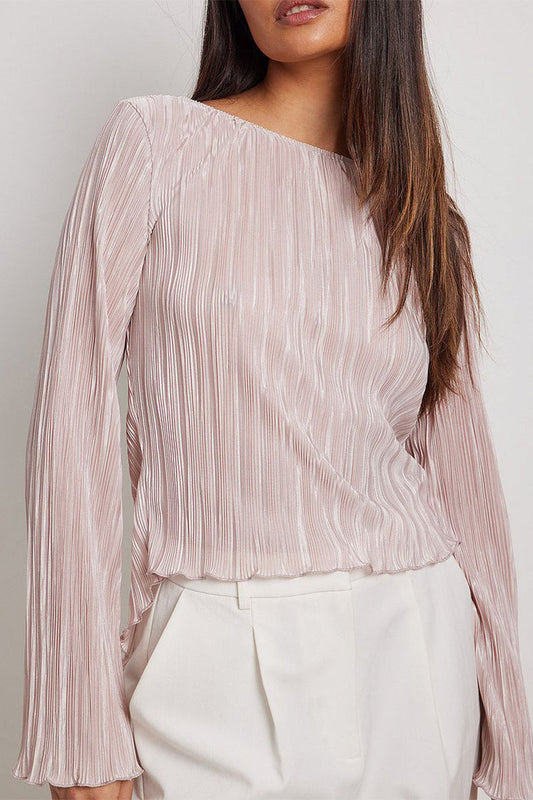 Elegant Solid Frenulum Backless Pleated O Neck Tops