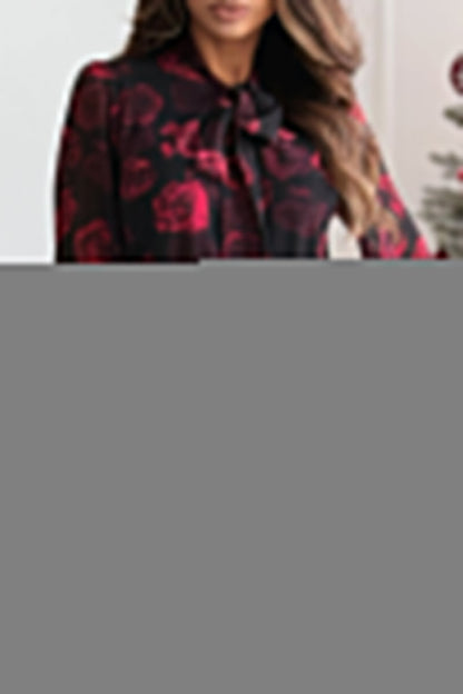 Elegant Flowers Lace Up Contrast Tie Neck Blouses(3 Colors)
