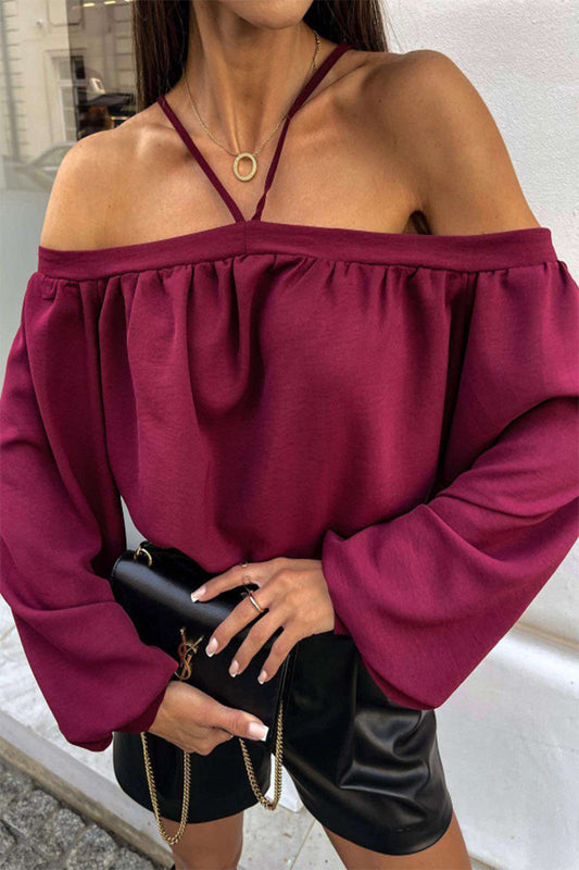 Sexy Solid Color Lace Up Patchwork Halter Blouses