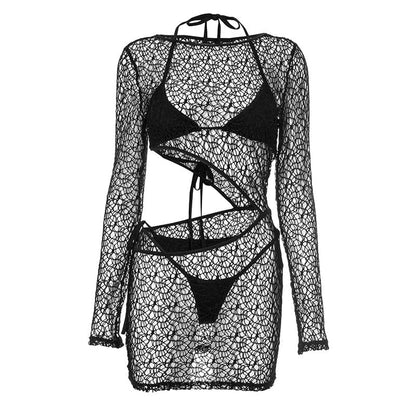 Long sleeve halter hollow out 3 piece cut out mini dress  | Festival Outfits Women