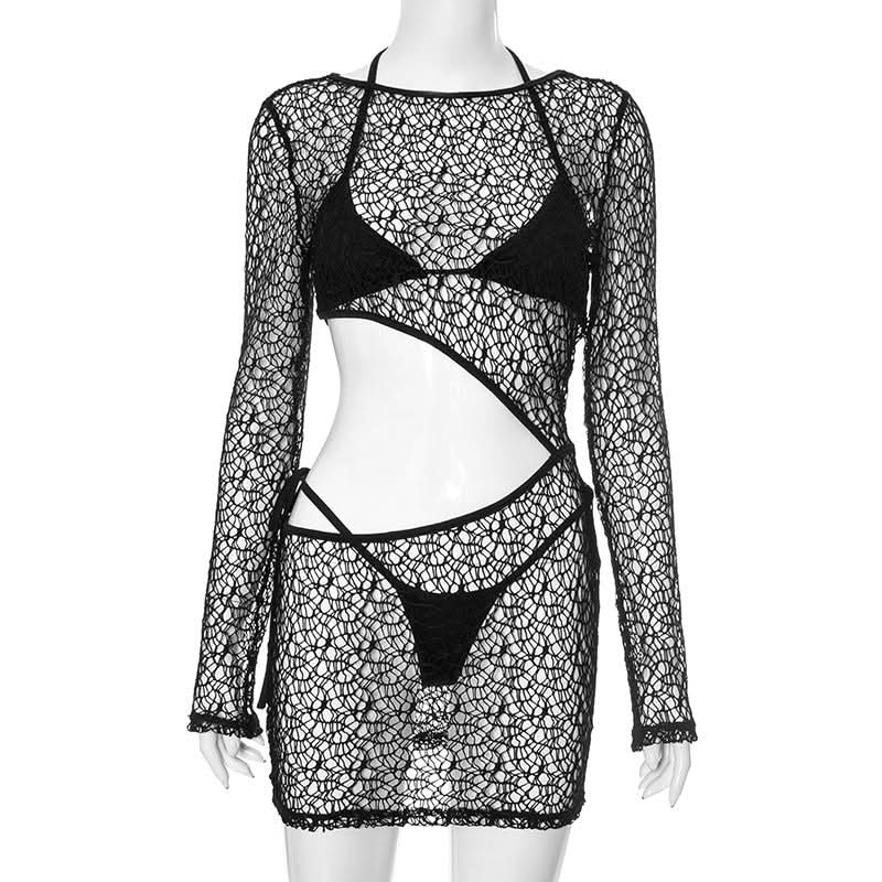 Long sleeve halter hollow out 3 piece cut out mini dress  | Festival Outfits Women
