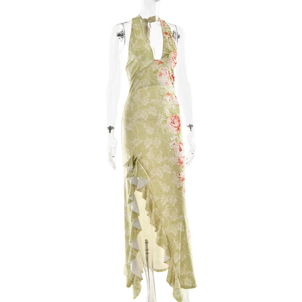Slit ruffle flower print halter ruched mini dress  | Festival Outfits Women